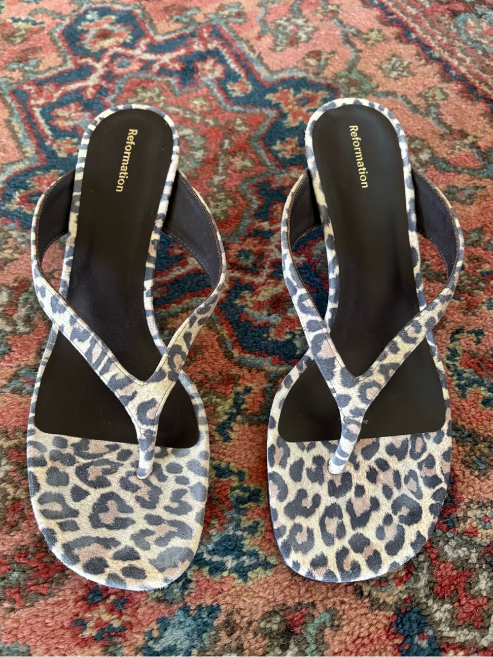 Reformation Leopard Print Kitten Heel Thong Sandals